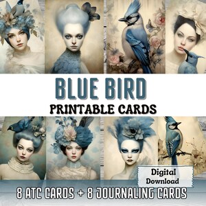 Blue Bird Printable Junk Journal Cards ATC Card Making Surreal Portrait Bird Ephemera Scrapbooking Printable Cards Junk Journal Supplies