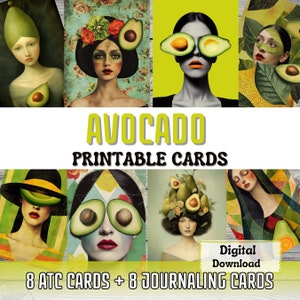 Avocado druckbare Junk-Journal Karten ATC Karte machen surreale Kunst Frau Porträt Avocado Obst Ephemera druckbare Karten Junk-Journal Zubehör