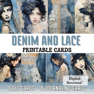 Op de afbeelding: Digitale download van 8 printbare ATC-kaarten en 8 printbare journaling-kaarten met een denim- en kantthema. De kaarten bevatten illustraties van vrouwen met blauwe en witte accenten.