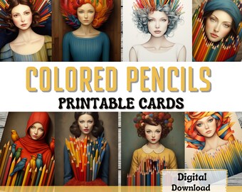 Può includere: Download digitale stampabile di 8 carte ATC e 8 carte di journaling con matite colorate e donne con corone di matite. Il testo "Colored Pencils Printable Cards" è nella parte superiore dell'immagine. Il testo "Digital Download" è nella parte inferiore dell'immagine. Il testo "8 ATC Cards + 8 Journaling Cards" è nella parte inferiore dell'immagine.
