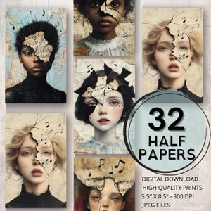 Gebarsten muzikale portretten dagboek half papers afdrukbare pagina's muziek kortstondige scrapbooking kaarten maken surrealistische vrouwen kunst gek muzieknoten