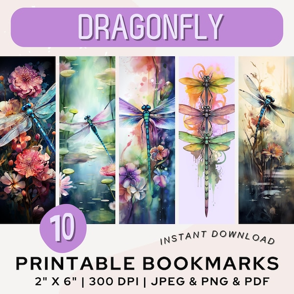 Dragonfly Bookmark Printable Bookmarks Flower Nature Fantasy Dragonfly Bookmark PNG PDF JPG Bookmark Set Book Lover Gift Digital Download