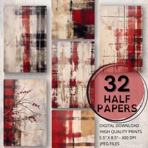 Abstract Black and Red Plaid Painting Journal Half Papers Printable Pages Ephemera Scrapbooking Collage Card Making Junk Journal Supplies
