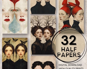 Twins Journal Half Papers Printable Page Vintage Surreal Artistic Papers Scrapbooking Ephemera Collage Card Making Junk Journal Supplies