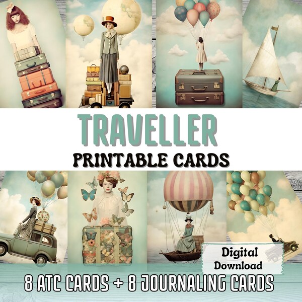 Traveller Printable Junk Journal Cards ATC Card Making Surreal Art Travel Ephemera Scrapbooking Trip Printable Cards Junk Journal Supplies