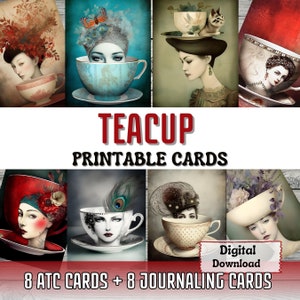 Teacup impressão lixo cartões de diário atc cartão fazendo arte surreal mulher retrato efêmera cartões imprimíveis teacup diário suprimentos digital