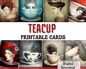 Teacup Printable Junk Journal Cards ATC Card Making Surreal Art Woman Portrait Ephemera Printable Cards Teacup Journal Supplies Digital