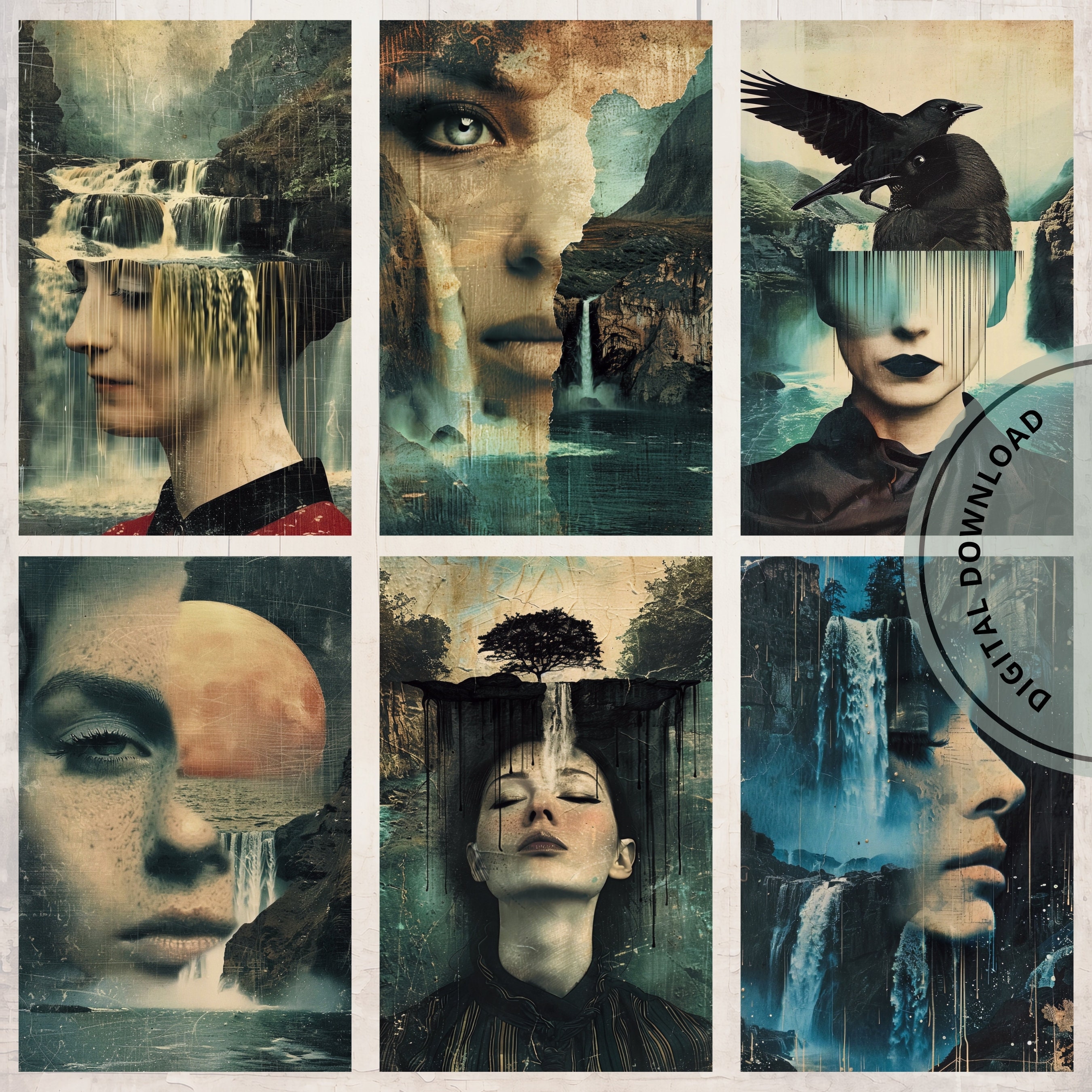 Waterfall Journal Half Papers Printable Pages Surreal Art Woman ...