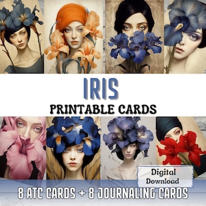 Cartões de diário para impressão de íris, cartões atc para fazer arte surreal, floral, mulher, flor efêmera, cartões para impressão, suprimentos de diário