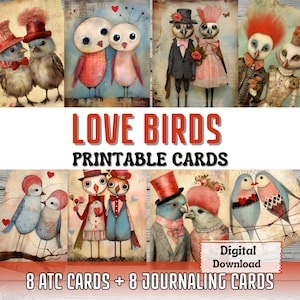 Tortelduifjes afdrukbare ongewenste dagboekkaarten ATC-kaarten maken Grillige vogel ephemera Scrapbooking Afdrukbare kaarten eigenzinnige vogels dagboekbenodigdheden