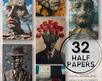 Surreal Man Journal Half Papers Printable Page Surreal Art Man Portrait Ephemera Scrapbooking Collage Card Making Nature Junk Journal Supply