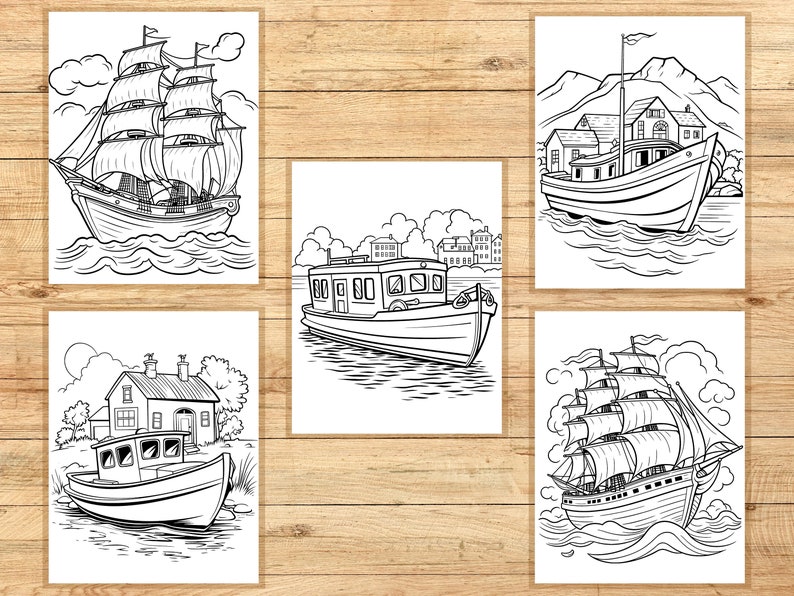 May include: A set of five black and white coloring pages featuring different types of boats. The first page shows a large sailing ship with multiple sails. The second page shows a small motorboat with a cabin. The third page shows a small fishing boat with a house on the shore. The fourth page shows a small motorboat with a cabin. The fifth page shows a large sailing ship with multiple sails.