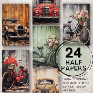 Alte Bikes & Cars Hälfte Papiere Druckbare Seiten Digitale Ephemera Scrapbooking Collage Kunst Kartenherstellung Handwerk Papier Decoupage Journal Zubehör