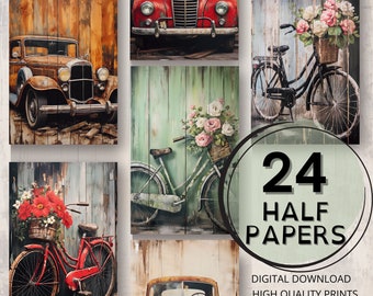 Old Bikes & Cars Half Papers Páginas imprimibles Ephemera digital Scrapbooking Collage Art Card Making Craft Paper Decoupage Journal Supplies