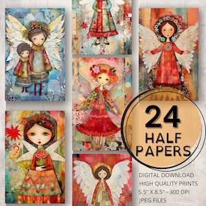 Puede incluir: Un conjunto de 24 papeles digitales imprimibles con ilustraciones de ángeles con alas coloridas y coronas florales. Los papeles miden 14 cm x 21,5 cm y 300 DPI.
