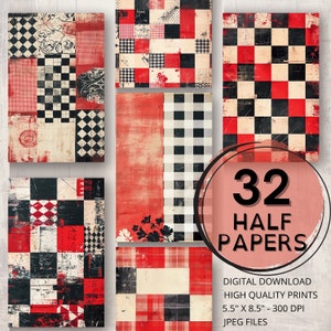 Könnte beinhalten: Ein Set mit 32 digitalen druckbaren Papieren mit roten, schwarzen und weißen Karomustern. Die Papiere sind 14 cm x 21,5 cm groß und haben eine Auflösung von 300 DPI.