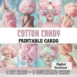 Cartões de diário de algodão doce, doces, cartões ATC imprimíveis, arte surreal, retrato de mulher, itens efêmeros, scrapbooking, suprimentos para diário de lixo imprimíveis