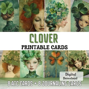 Cartes imprimables pour journal indésirable trèfle fabrication de cartes ATC Portrait de femme trèfle éphémères éphémères carte Saint-Patrick Fournitures pour journal intime