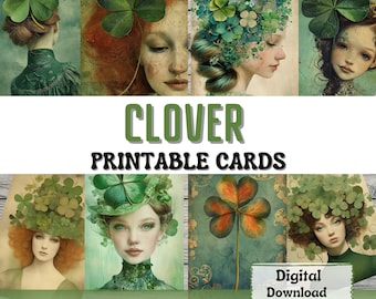 May include: Digital download of 8 printable ATC cards and 8 journaling cards featuring illustrations of women with clover accents. The cards have a vintage aesthetic with green, brown, and gold tones.