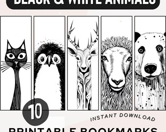 May include: Set of 10 printable bookmarks featuring black and white illustrations of animals, including a cat, penguin, deer, sheep, and bear. The bookmarks are 2 inches by 6 inches and 300 DPI.  The text "INSTANT DOWNLOAD" and "PRINTABLE BOOKMARKS" is also included in the image.