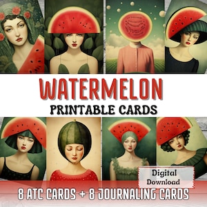 Cartes imprimables pour journal indésirable pastèque fabrication de cartes ATC Art surréaliste Portrait de femme éphémères pastèque cartes imprimables fournitures pour journal indésirable