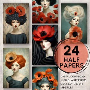 Poppy diário meio papel floral página para impressão floral mulher efêmera scrapbooking colagem cartão fazendo lixo diário suprimentos papoilas digital