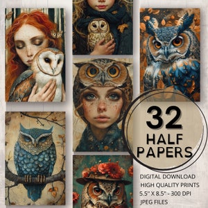 Journal chouette demi-papiers imprimables chouette éphémères Scrapbooking hibou habillé femme portrait collage fabrication de cartes chouette indésirable journal fournitures