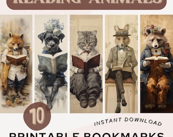 Reading Animals Bookmarks Printable Bookmark Vintage Animal Reading Book Dressed Animals PNG PDF JPG Bookmark Set Book Lover Gift Digital