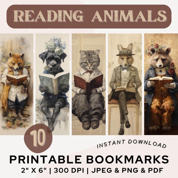 Reading Animals Bookmarks Printable Bookmark Vintage Animal Reading Book Dressed Animals PNG PDF JPG Bookmark Set Book Lover Gift Digital