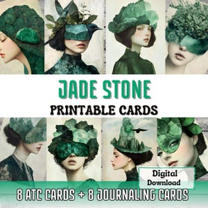 Cartões de diário de lixo imprimíveis de pedra de jade ATC para fazer cartões Arte surreal Retrato de mulher Cartões efêmeros para impressão Arte Verde Suprimentos de diário de lixo