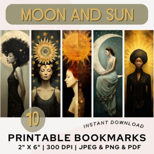 Moon and Sun Bookmark Printable Bookmarks Celestial Bookmark for Women Artistic Fantasy Art Bookmark PNG PDF JPG Bookmark Set Digital Art