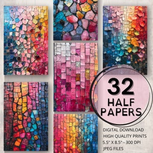 Journal en mosaïque colorée, demi-papiers, page imprimable, éphémères, scrapbooking, collage, fabrication de cartes, techniques mixtes, mosaïque de verre, carreaux, fournitures pour journal