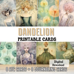 Cartes imprimables pour journal indésirable pissenlit fabrication de cartes ATC Art surréaliste femme florale pissenlit éphémères art cartes imprimables fournitures pour journal indésirable