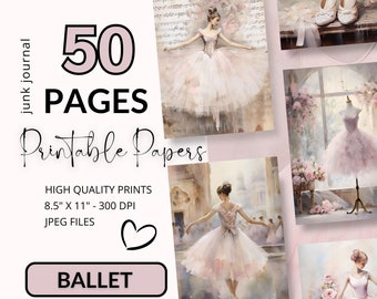 May include: 50 printable ballet-themed papers featuring ballerinas in various poses, flowers, and musical notes. The papers are 8.5 inches by 11 inches and 300 DPI.