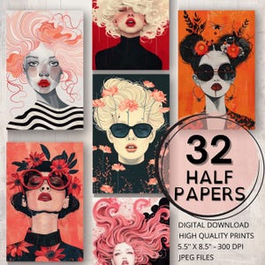 Journal glamour lunatique, demi-papiers, page imprimable, éphémères beauté, scrapbooking, portrait coloré, collage, fabrication de cartes, fourniture de journal indésirable