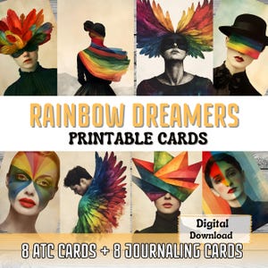 Cartes imprimables pour journal indésirable Rainbow Dreamers fabrication de cartes ATC Art surréaliste Fierté surréaliste éphémères Scrapbooking Fournitures pour journal indésirable arc-en-ciel