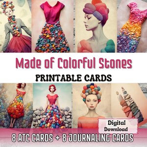 Fait de pierres colorées, cartes imprimables pour journal indésirable, fabrication de cartes ATC, art surréaliste femme éphémères, cartes imprimables fournitures pour journal indésirable artistique