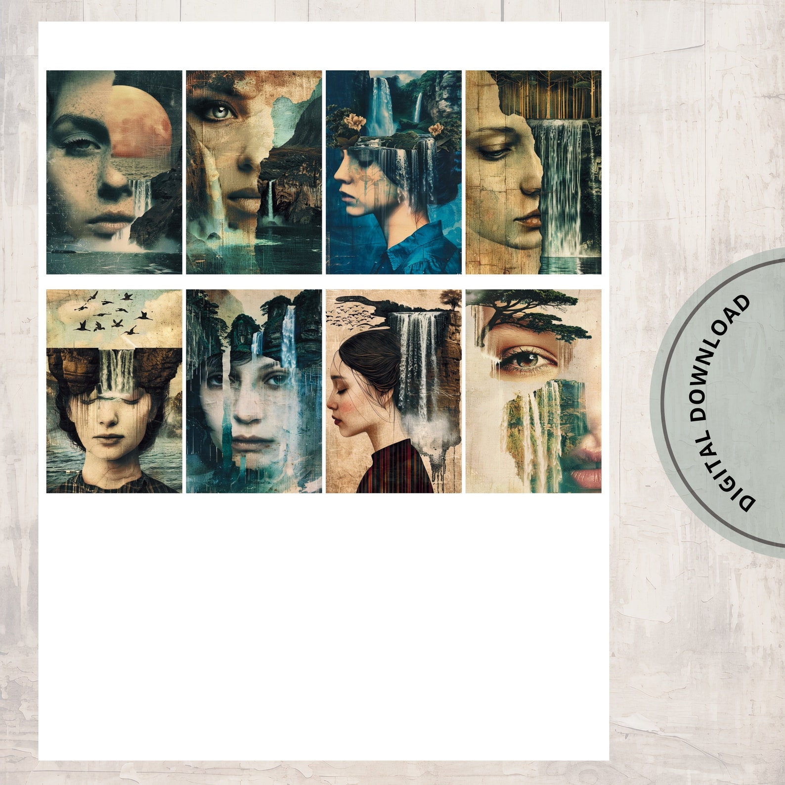 Waterfall Journal Half Papers Printable Pages Surreal Art Woman ...