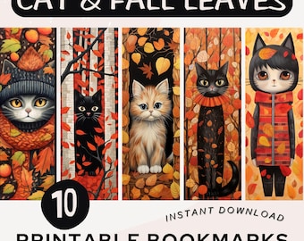 Cat and Fall Leaves Bookmark Printable Bookmarks Fall Autumn Bookmarks Digital Download PNG PDF JPG Cat Lover Gift Cat Bookmark Set Book