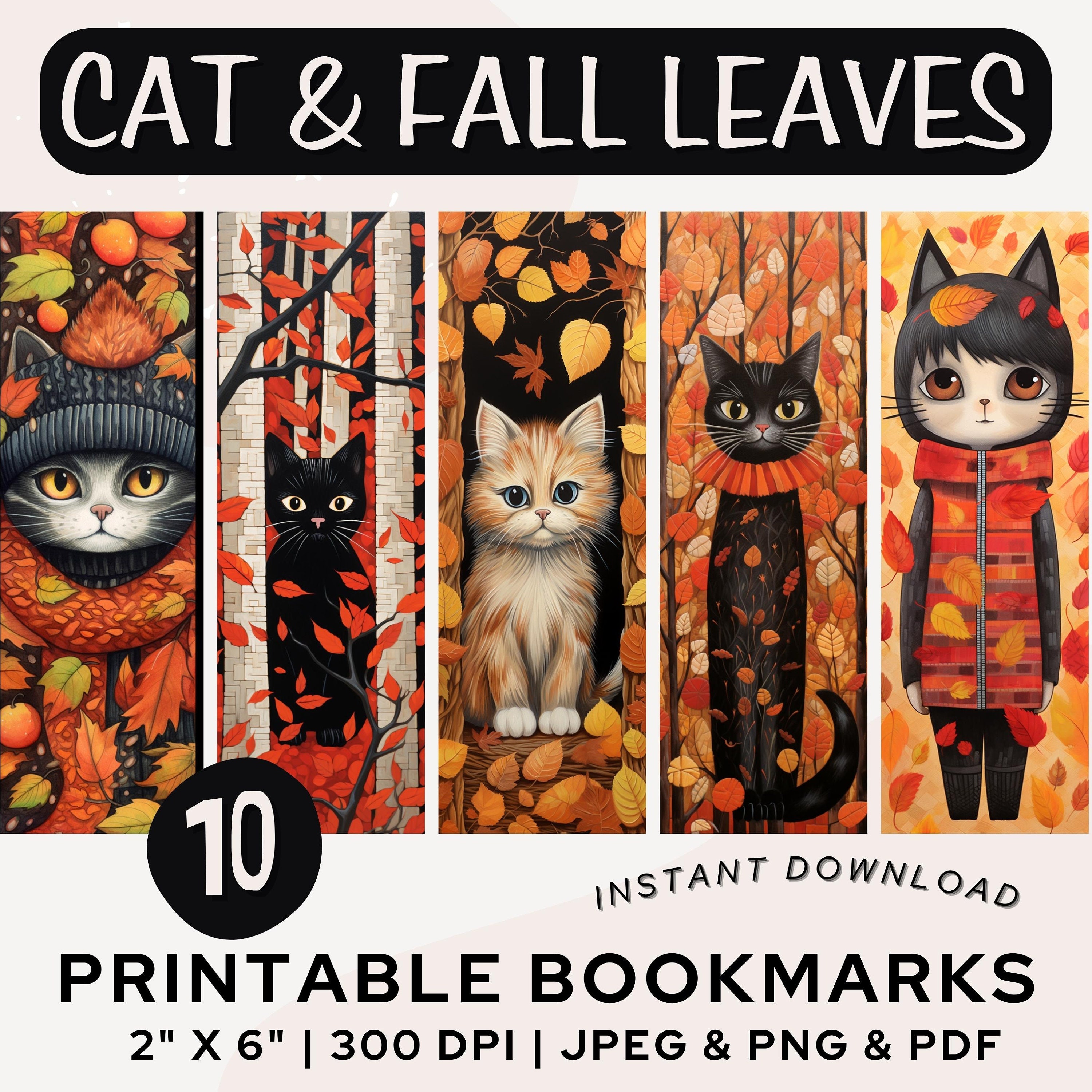 Cat and Fall Leaves Bookmark Printable Bookmarks Fall Autumn Bookmarks ...