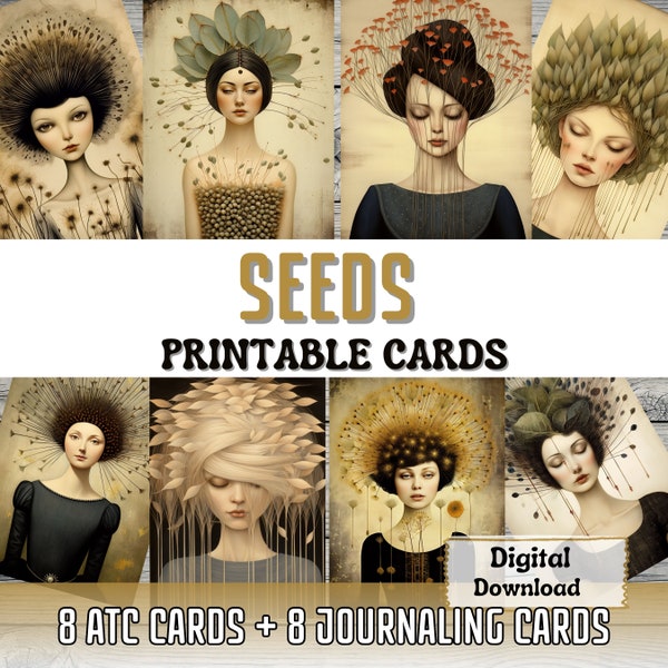 Seeds Printable Junk Journal Cards ATC Card Making Surreal Art Woman Portrait Ephemera Art Printable Cards Botanical Junk Journal Supplies