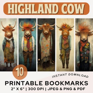 May include: Set of 10 printable bookmarks featuring Highland cows in various outfits. Each bookmark is 2 inches by 6 inches and 300 DPI. The bookmarks are available in JPEG, PNG, and PDF formats.  INSTANT DOWNLOAD.