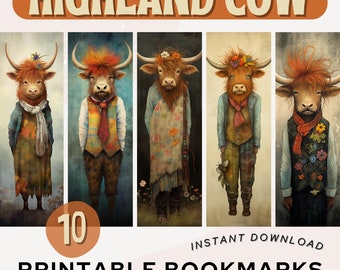 Highland Cow Bookmarks Printable Bookmark Whimsical Animal Art Bookmark PNG PDF JPG Bookmark Set Book Lover Gift Print & Cut Cow Bookmark