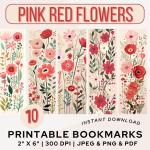 Könnte beinhalten: Druckbare Lesezeichen mit 10 verschiedenen Designs von rosa und roten Blumen. Jedes Lesezeichen ist 5,1 cm x 15,2 cm groß und hat eine Auflösung von 300 DPI. Die Lesezeichen sind in den Formaten JPEG, PNG und PDF verfügbar.  "INSTANT DOWNLOAD" und "PRINTABLE BOOKMARKS" sind auf dem Bild zu sehen.