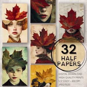 Maple Leaf Journal Hälfte Papiere Druckbare Seiten Surreale Kunst Frau Porträt Ephemera Scrapbooking Collage Kartenherstellung Junk Journal Zubehör