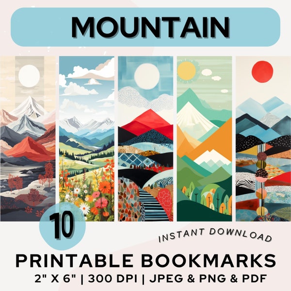 Mountain Bookmark Printable Bookmark Outdoor Themed Bookmark PNG PDF JPG Landscape Nature Colorful Bookmark Set Book Lover Gift Print & Cut