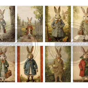 May include: A collage of eight images featuring rabbits dressed in various outfits. The rabbits are depicted in different settings, including a garden, a forest, and a town. The rabbits are wearing clothing such as a blue coat, a red coat, a green coat, and a brown coat. Some of the rabbits are holding objects such as a book, a bag, and a walking stick.
