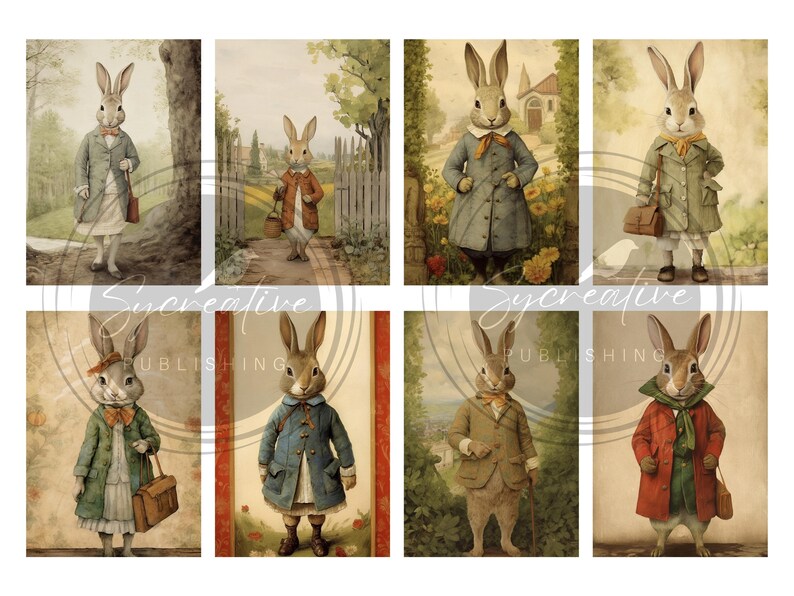 May include: A collage of eight images featuring rabbits dressed in various outfits. The rabbits are depicted in different settings, including a garden, a forest, and a town. The rabbits are wearing clothing such as a blue coat, a red coat, a green coat, and a brown coat. Some of the rabbits are holding objects such as a book, a bag, and a walking stick.