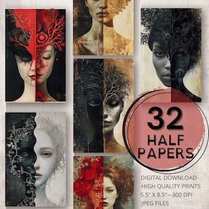 Half & Half Woman Face Diario femenino Half Papers Páginas imprimibles Ephemera Scrapbooking Retrato Collage Fabricación de tarjetas Art Journal Supplies