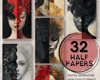 Half & Half Woman Face Female Journal Half Papers Printable Pages Ephemera Scrapbooking Portrait Collage Card Making Art Journal Supplies